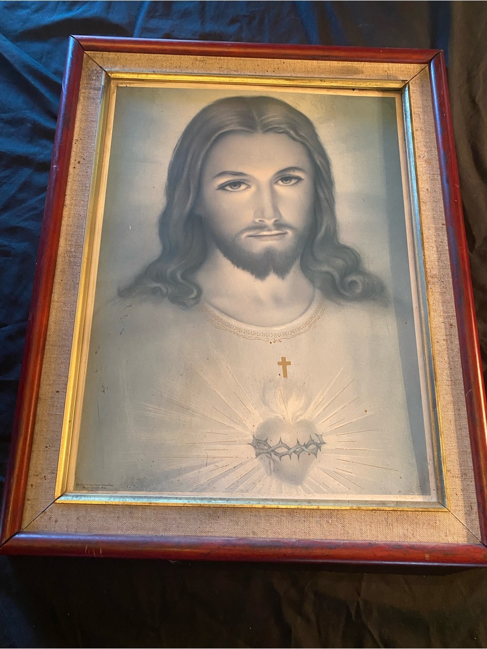 Vintage Framed Sacred Heart of Jesus Lithograph Print 15x 20 Religious Wall Art